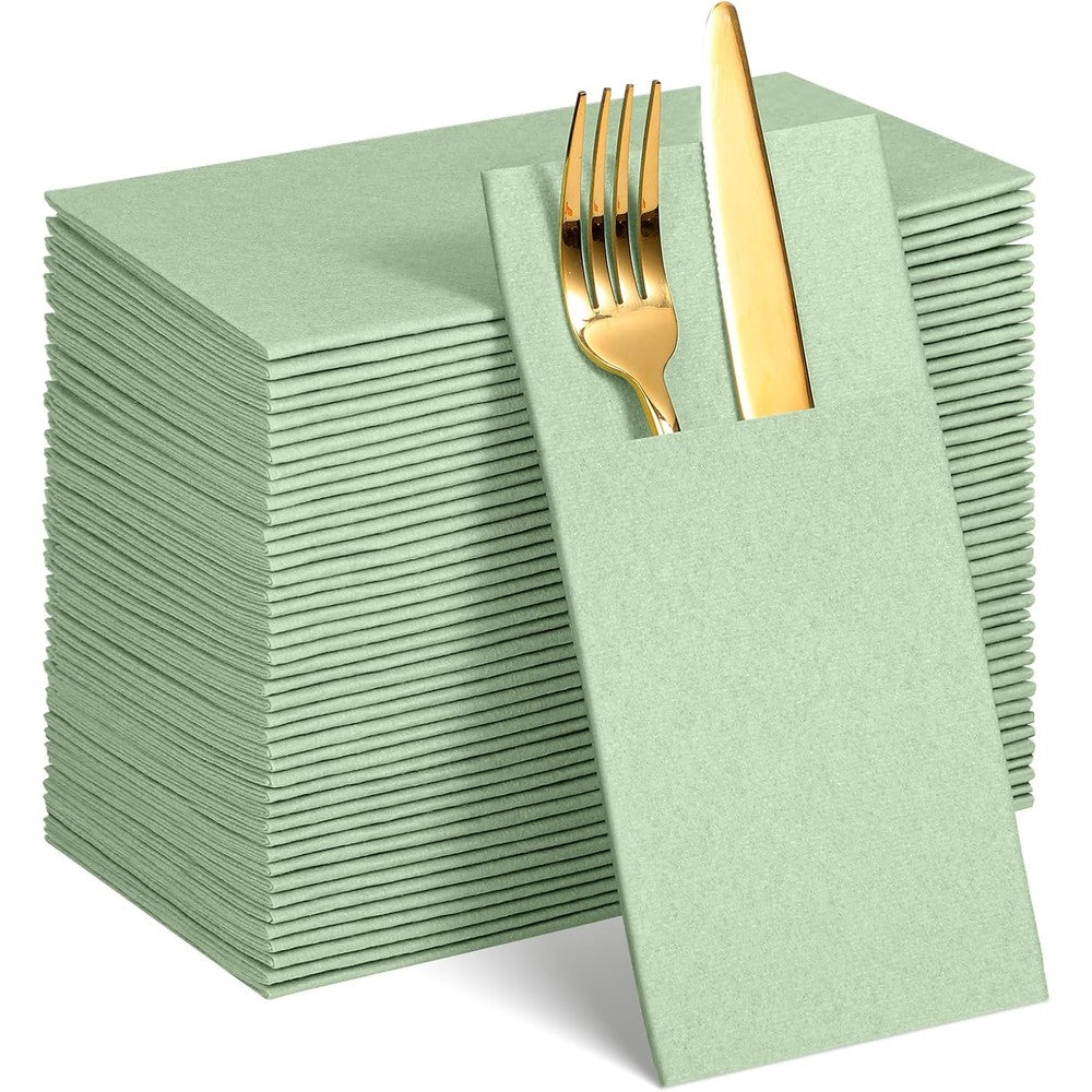 NatNarr sage green linen-feel paper napkins front view with cutlery