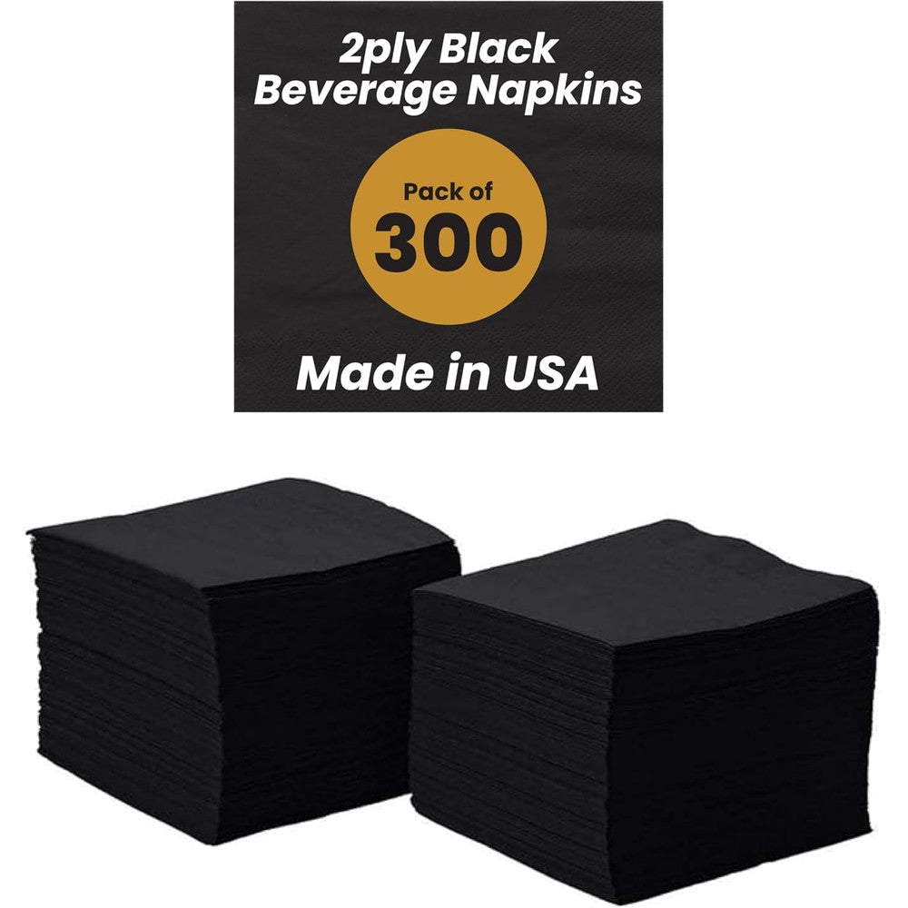 Perfectware 2-Ply Black Beverage Napkins front view of 300 count packaging.
