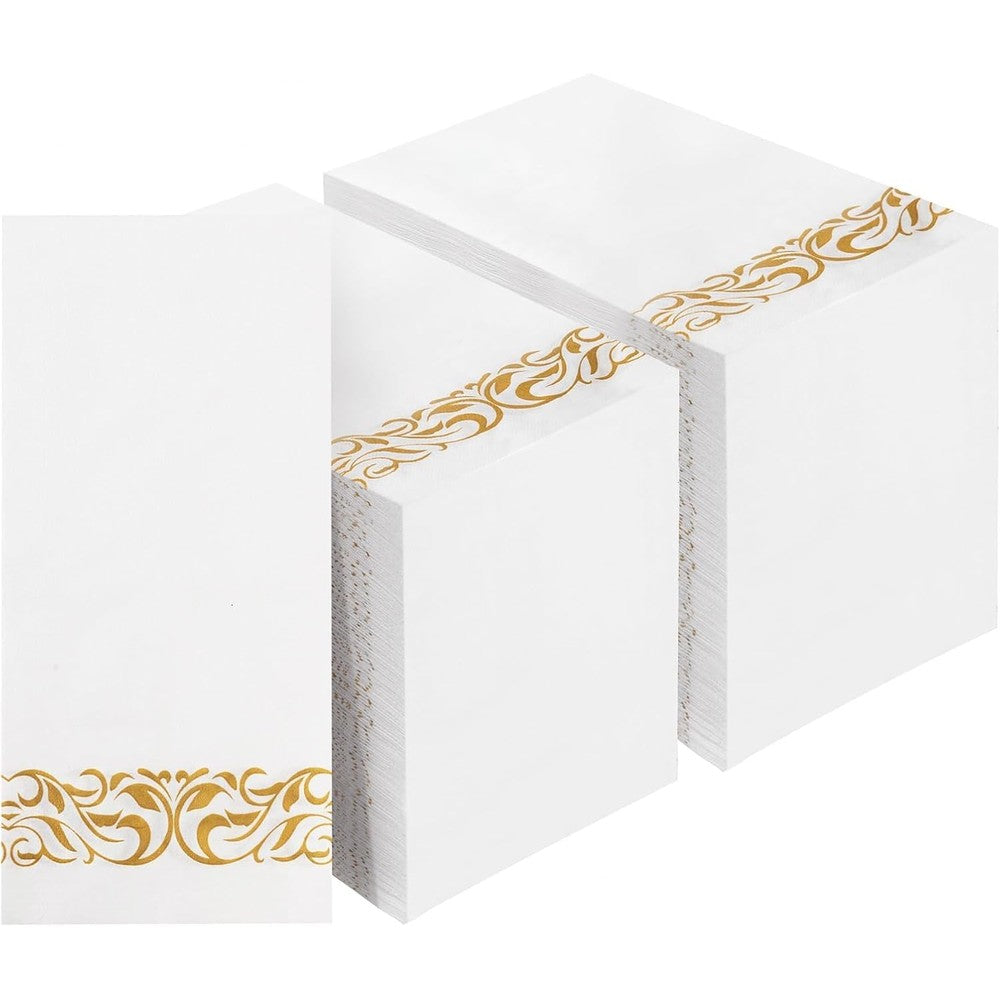 Bestvip 200 pack disposable paper napkins with gold trim front view