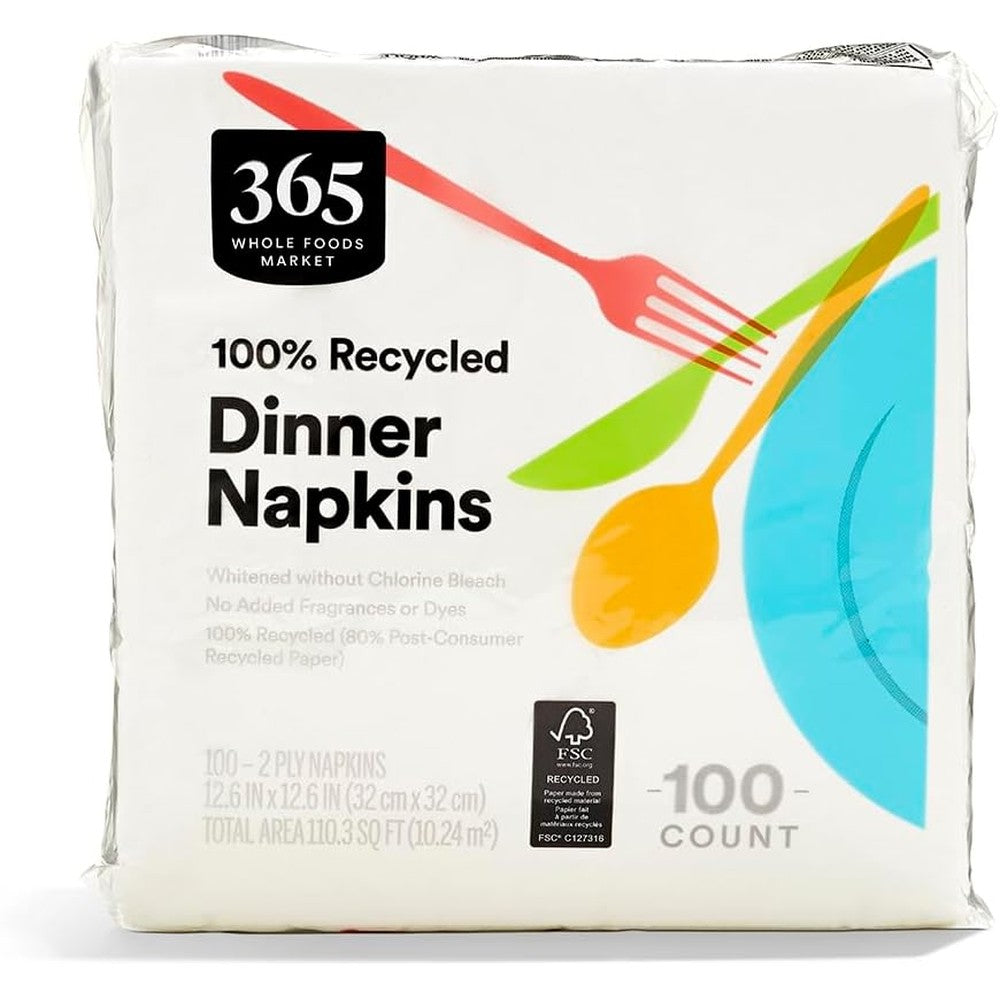 365 by Whole Foods Market 2-Ply Dinner Napkins front view 100 count pack.