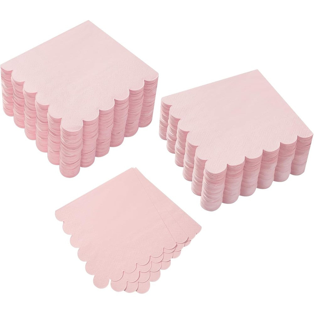 BEFORYOU pink scalloped cocktail napkins 100 pack front view for party decor.