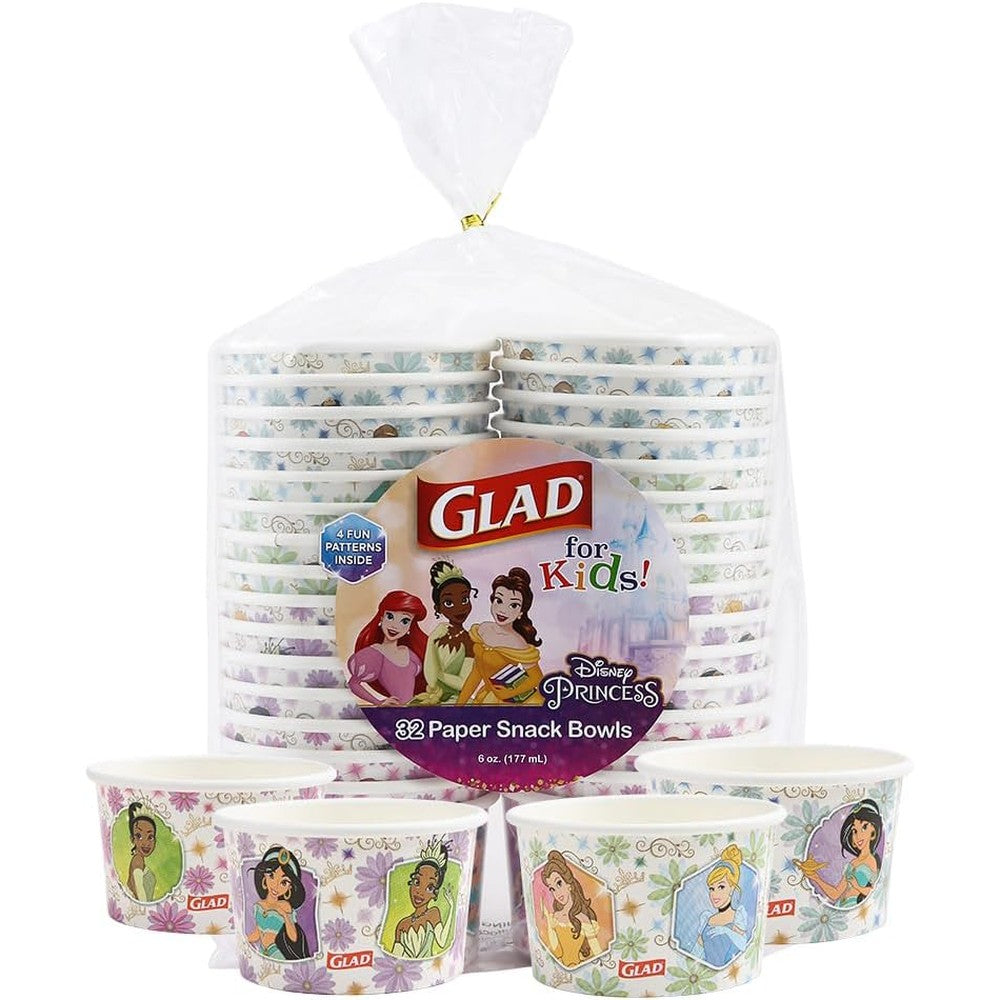 Glad for Kids Disney Princess Disposable Paper Snack Bowls pack featuring Jasmine and Belle characters.