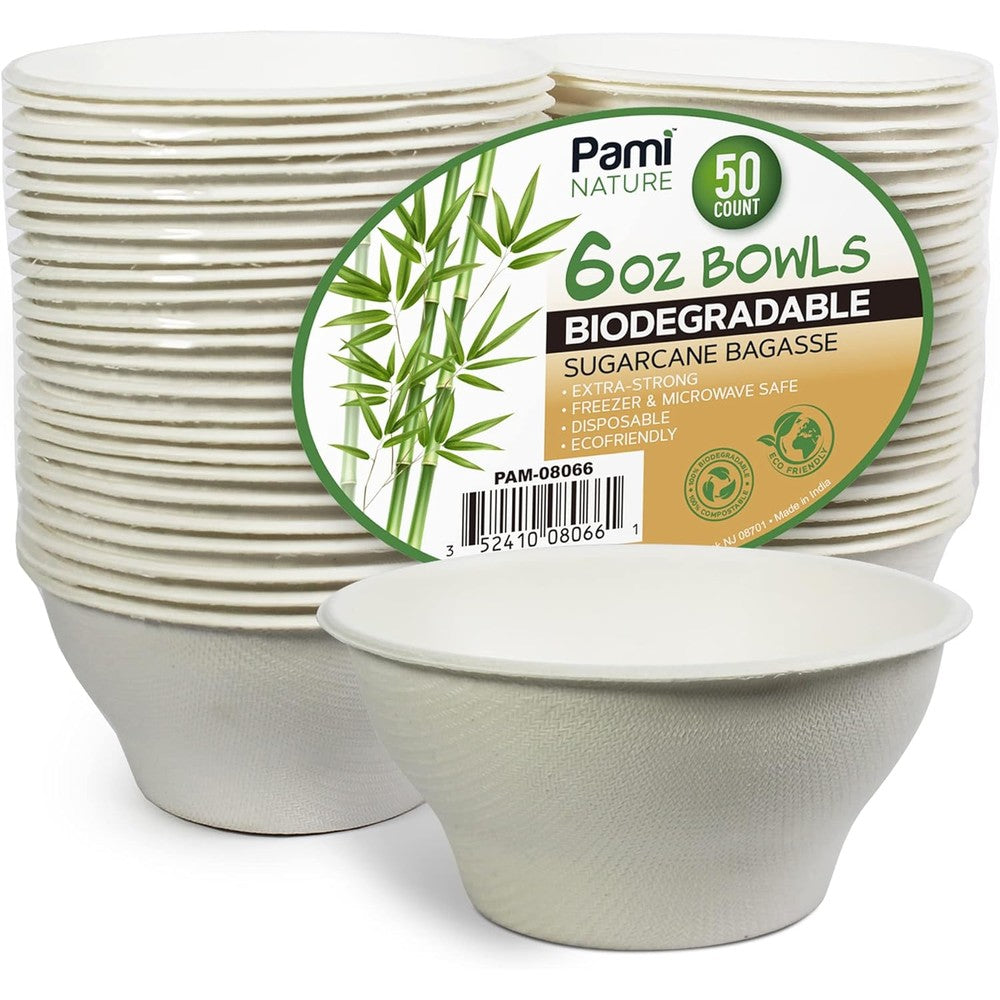 PAMI Biodegradable Sugarcane Bowls 50 Pack front view eco-friendly disposable dinnerware