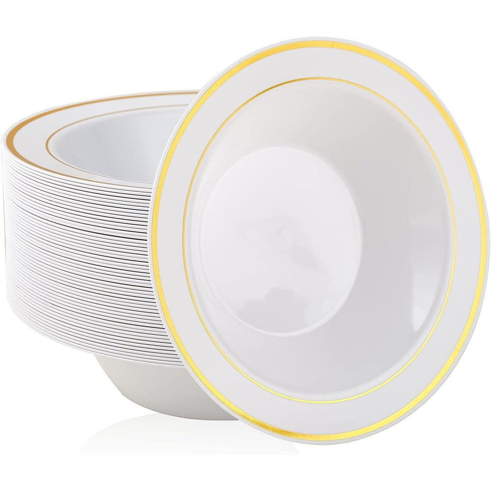 Jolly Party 12 ounce disposable gold rim bowls front view for party catering.