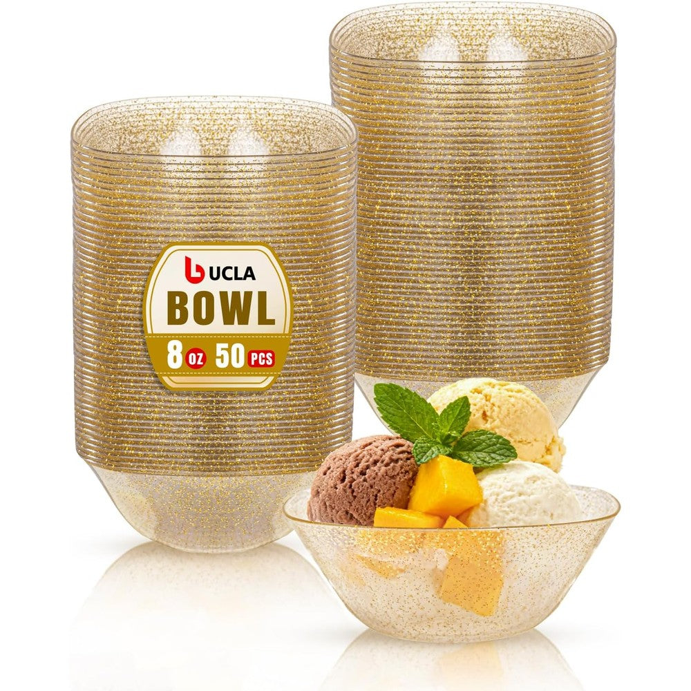 Bucla 50 Pack Gold Glitter Plastic Small Bowls front view for party serving