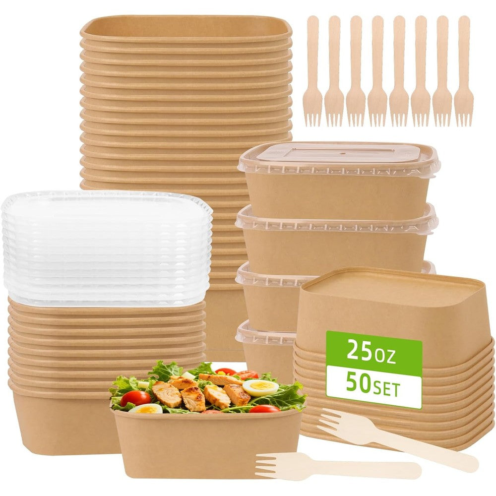 DeziWood 50 Pack 25 Fluid Ounce Paper Food Containers with lids and forks front view for meal prep