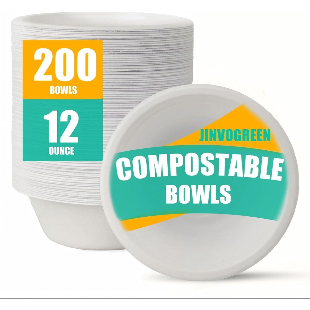 Jinvogreen 200 Count 12 Ounce Compostable Paper Bowl Front View
