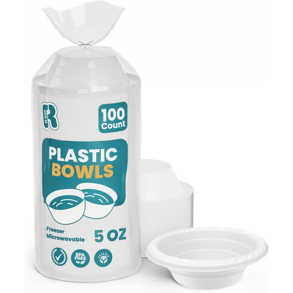 R-kay 100 count microwavable white plastic bowls front view for party catering.