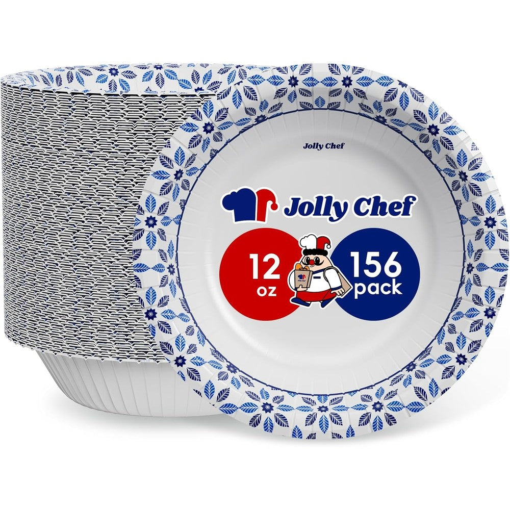 Jolly Chef 156 count paper bowls front view showing blue leaf printed edge design.