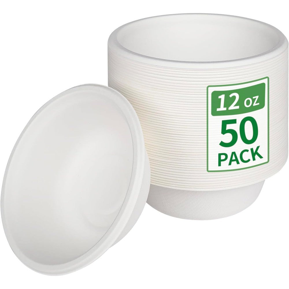 Aricsen compostable bagasse disposable 12 fluid ounce bowls front view for eco-friendly party dining