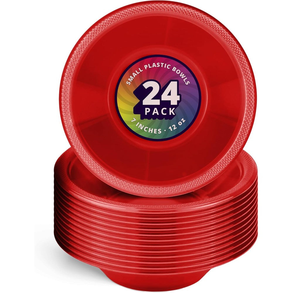 DecorRack 24 Small Plastic Bowls front view red disposable party serving containers.