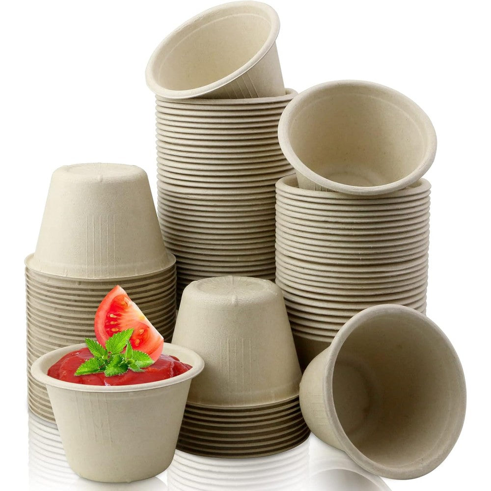 LeonBach 100 Pack Natural Bagasse Fiber Bowls front view eco-friendly disposable snack cups.