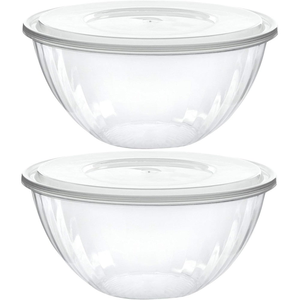 Plasticpro Disposable 48 Ounce Round Crystal Clear Serving Bowls with lids for party catering.