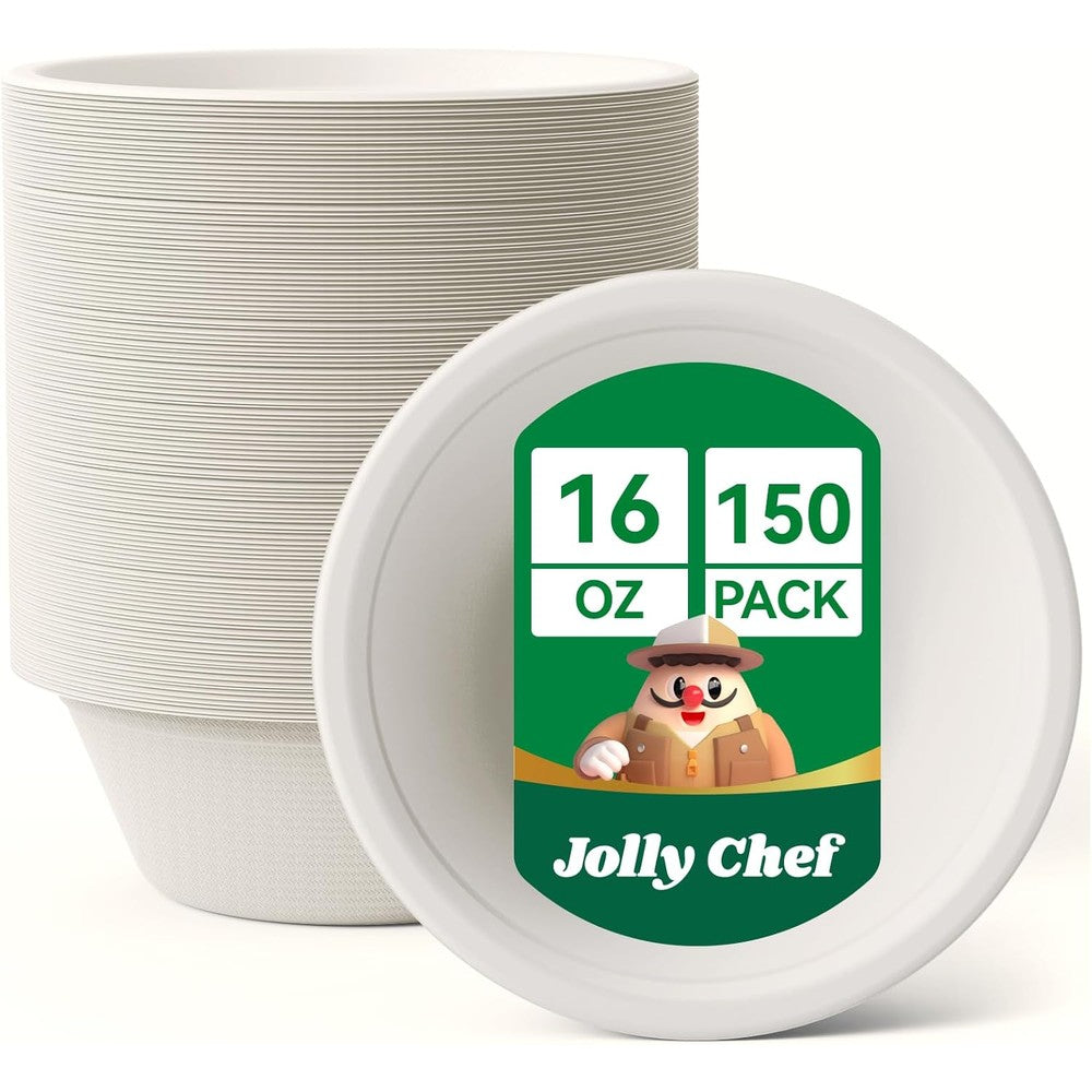 Jolly Chef 16 ounce compostable paper bowls 150 pack front view eco friendly tableware