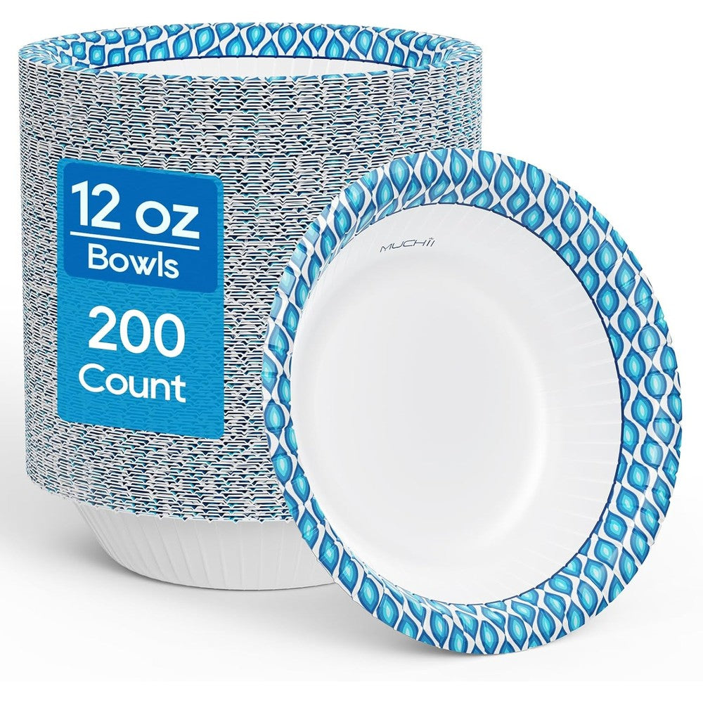 Muchii 12 Ounce Paper Bowls 200 Count front view leak-resistant disposable tableware.