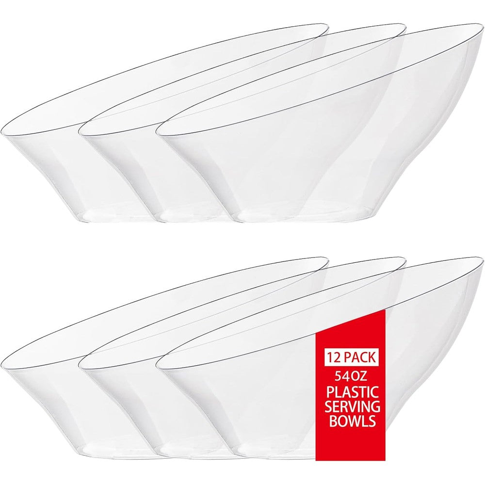 Bucla 54 fluid ounce clear angled plastic serving bowls for party food display