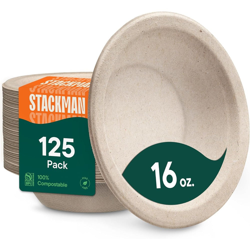 Stack Man 16 Ounce Compostable Paper Bowls front view 125 pack biodegradable soup bowls.