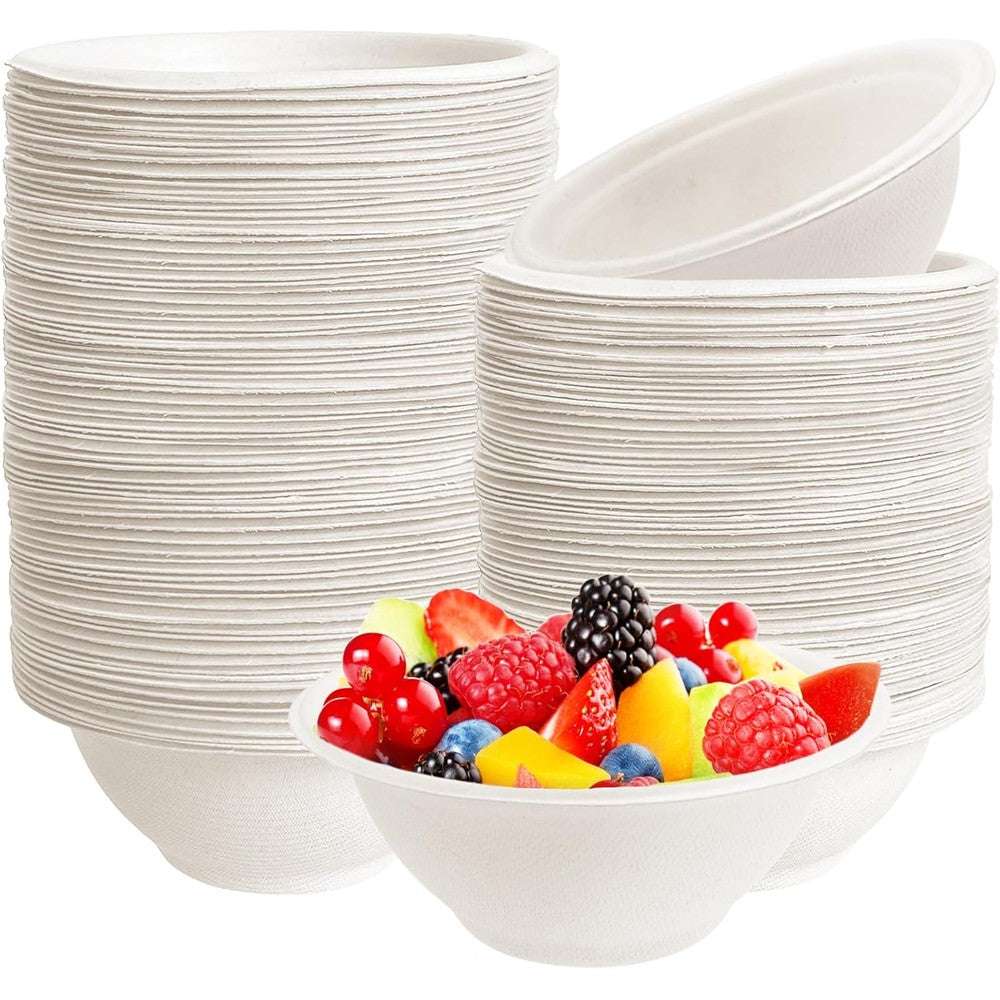 Tiaiidi 100 pack 8 ounce disposable bagasse paper bowls front view eco-friendly tableware.