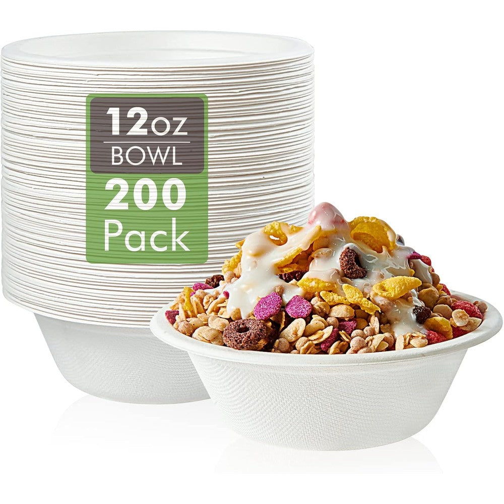 Vplus 12 Ounce Compostable Paper Bowls 200 pack front view for eco-friendly dining.
