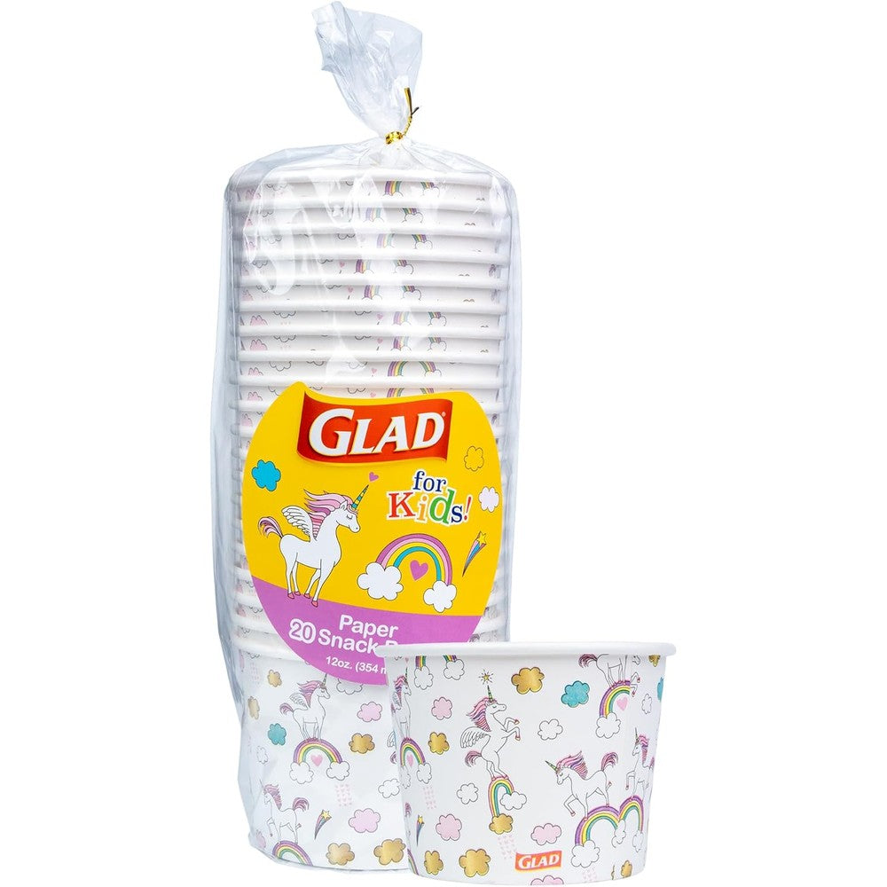 Glad for Kids Unicorn Paper Snack Bowls front view with 12 Ounce capacity.
