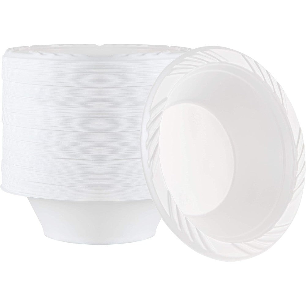 Plasticpro 100 Count Disposable White Plastic Soup Bowls front view for party catering.