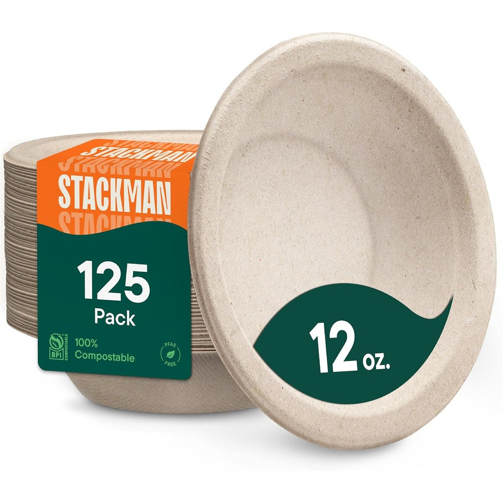 Stack Man 12 ounce compostable paper bowls front view eco-friendly tableware