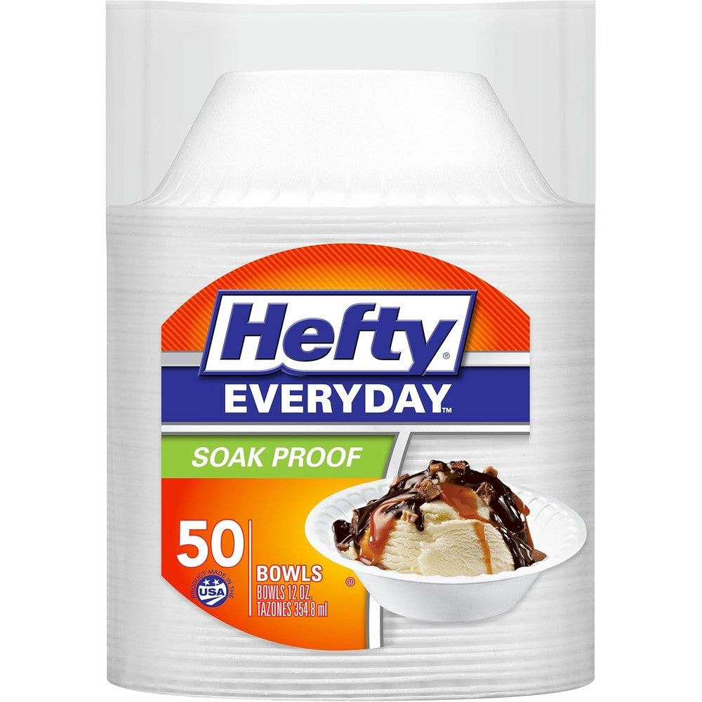 Hefty Everyday Soak-Proof Foam Bowls 50 count pack front view disposable tableware
