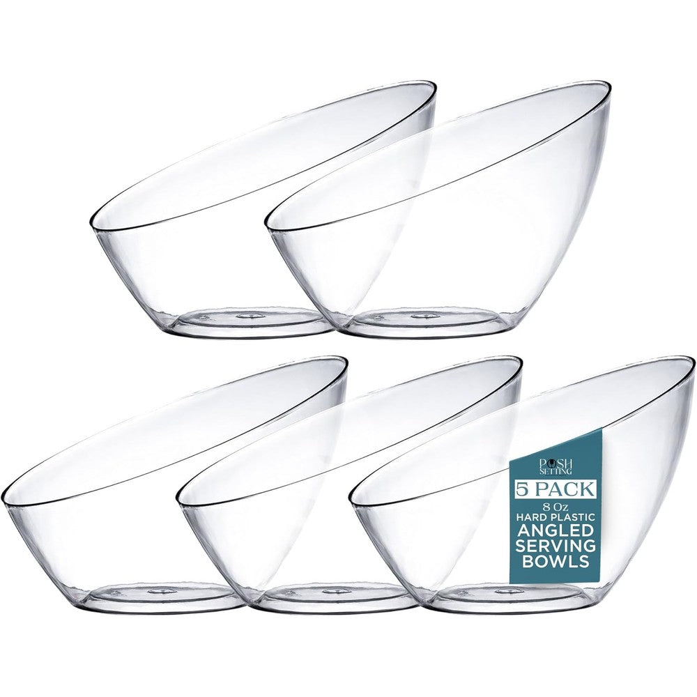 Posh Setting clear plastic angled serving bowls front view for party catering.