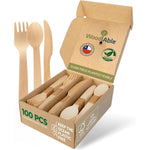 WoodAble Disposable Wooden Cutlery Set front view with 100 pieces.