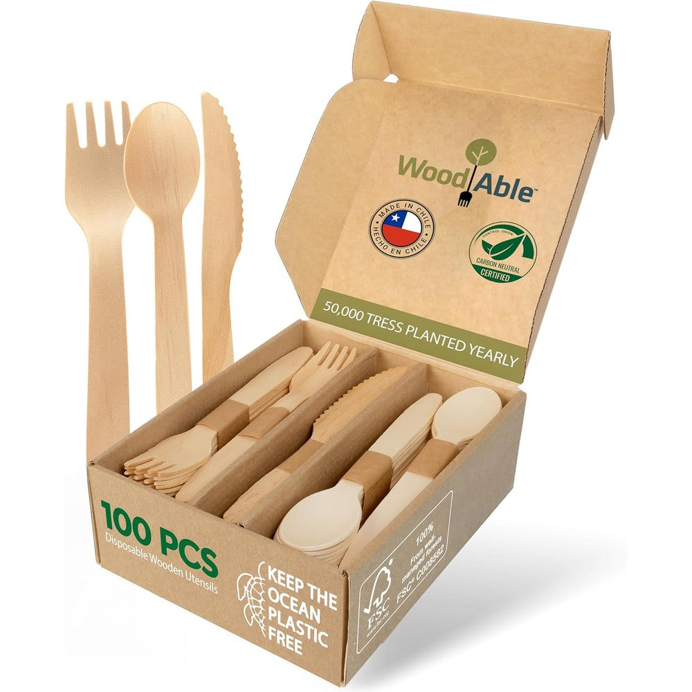 WoodAble Disposable Wooden Cutlery Set front view with 100 pieces.