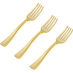 N9R gold plastic mini forks front view elegant disposable catering utensils