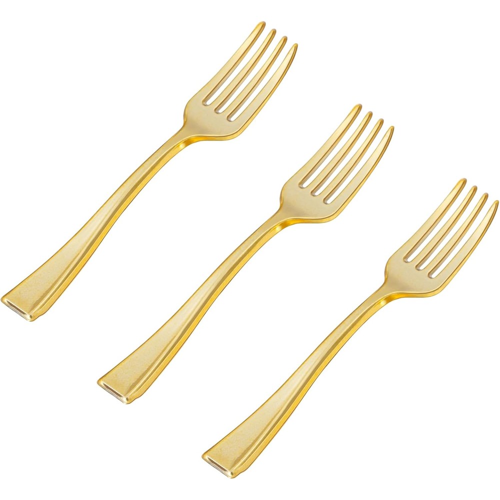 N9R gold plastic mini forks front view elegant disposable catering utensils