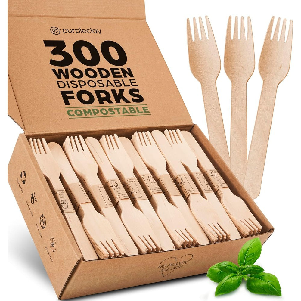 PURPLECLAY Wooden Disposable Forks front view of 300 pack eco-friendly cutlery.