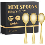 Kucoele gold mini plastic spoons 100 pack front view showcasing premium metallic finish.