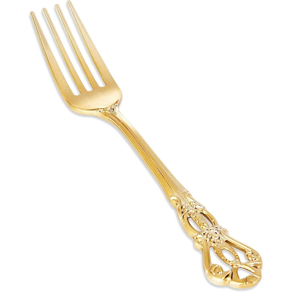 Joyido gold plastic forks 30 piece pack front view showcasing vintage ornate handle design.