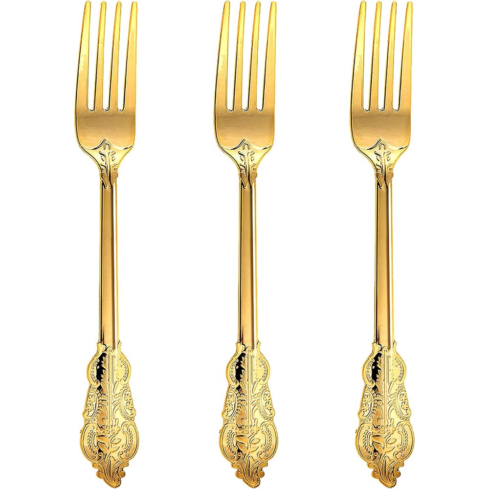 N9R gold plastic forks 100 pack front view disposable silverware