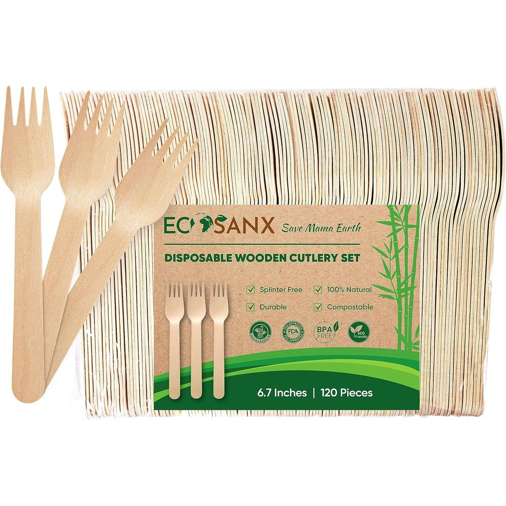ECOSANX 120 Pieces Wooden Forks front view of eco friendly packaging.