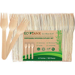 ECOSANX 120 Pieces Wooden Forks front view of eco friendly packaging.