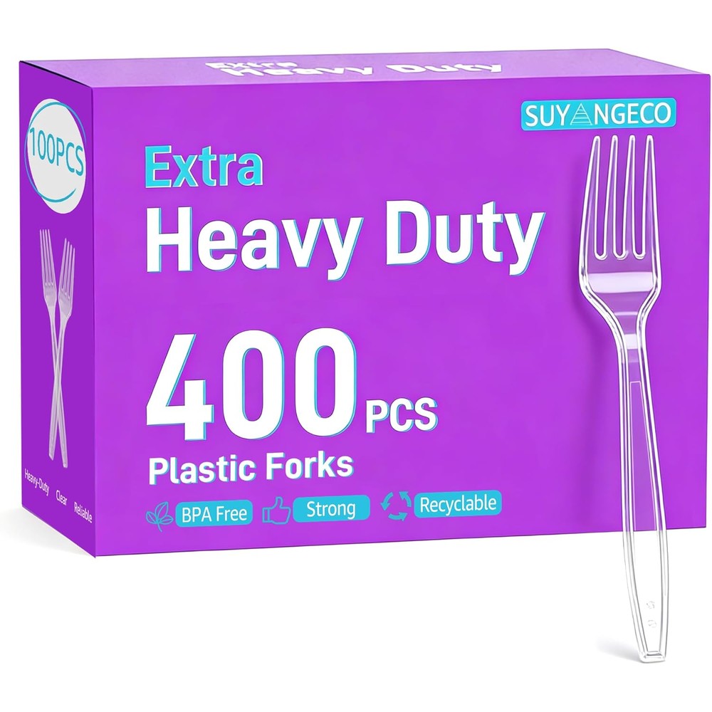 Suyangeco heavy duty clear plastic forks 400 count box front view