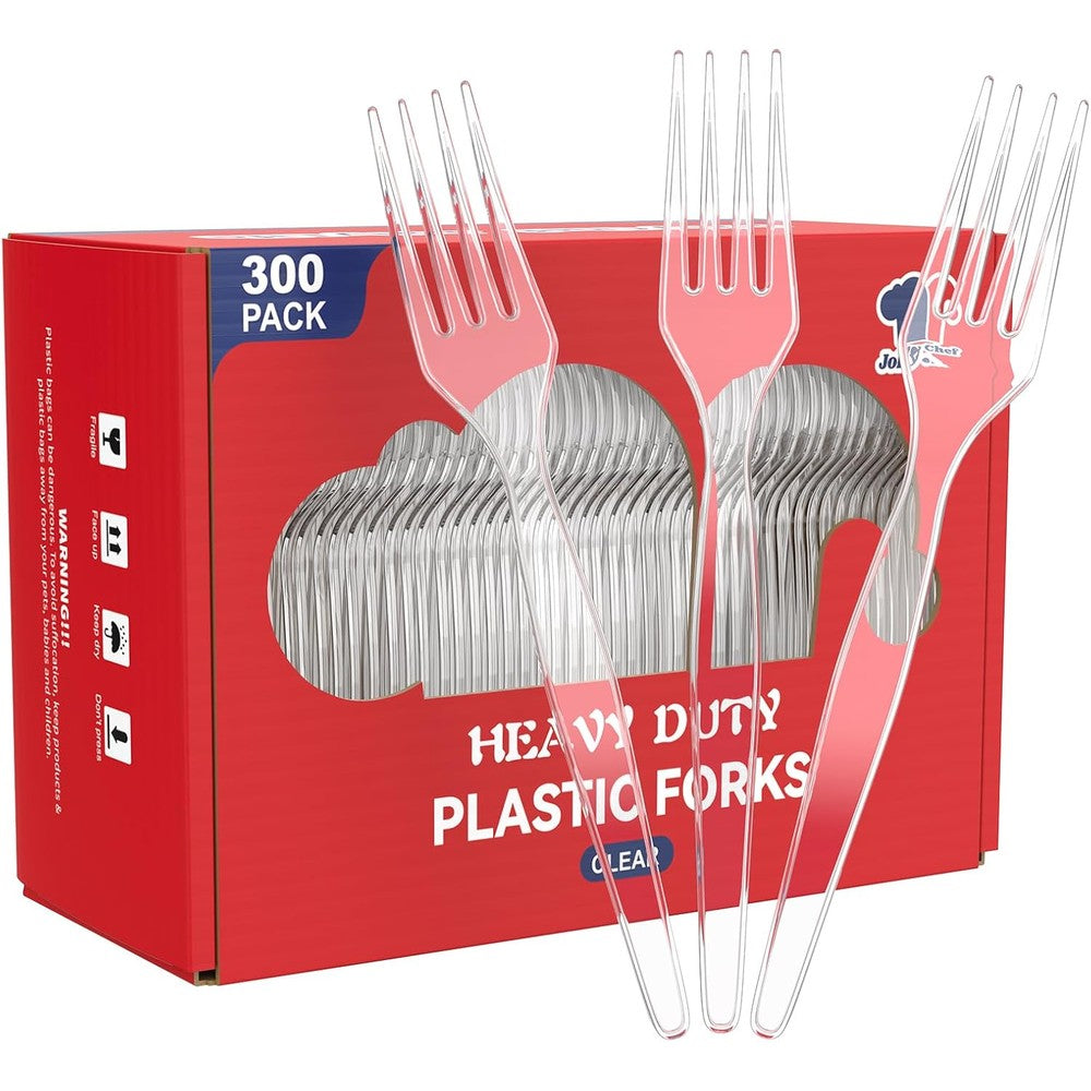 JOLLY CHEF clear plastic forks front view 300 count bulk pack