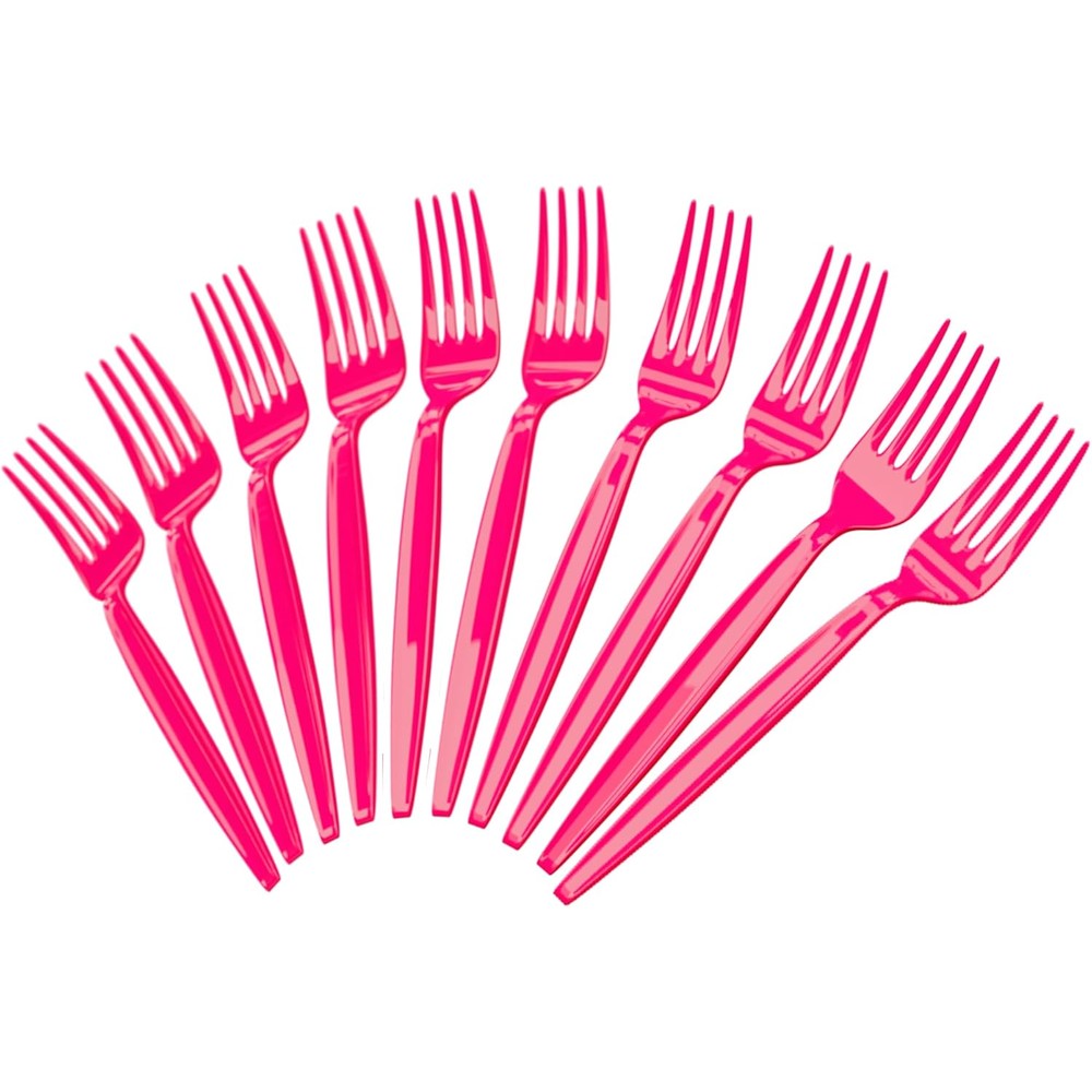 Blue Orchards Hot Pink Plastic Forks front view for party supplies.