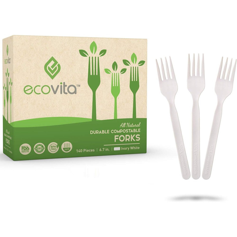 Ecovita Compostable Forks front view 140 piece set in tray