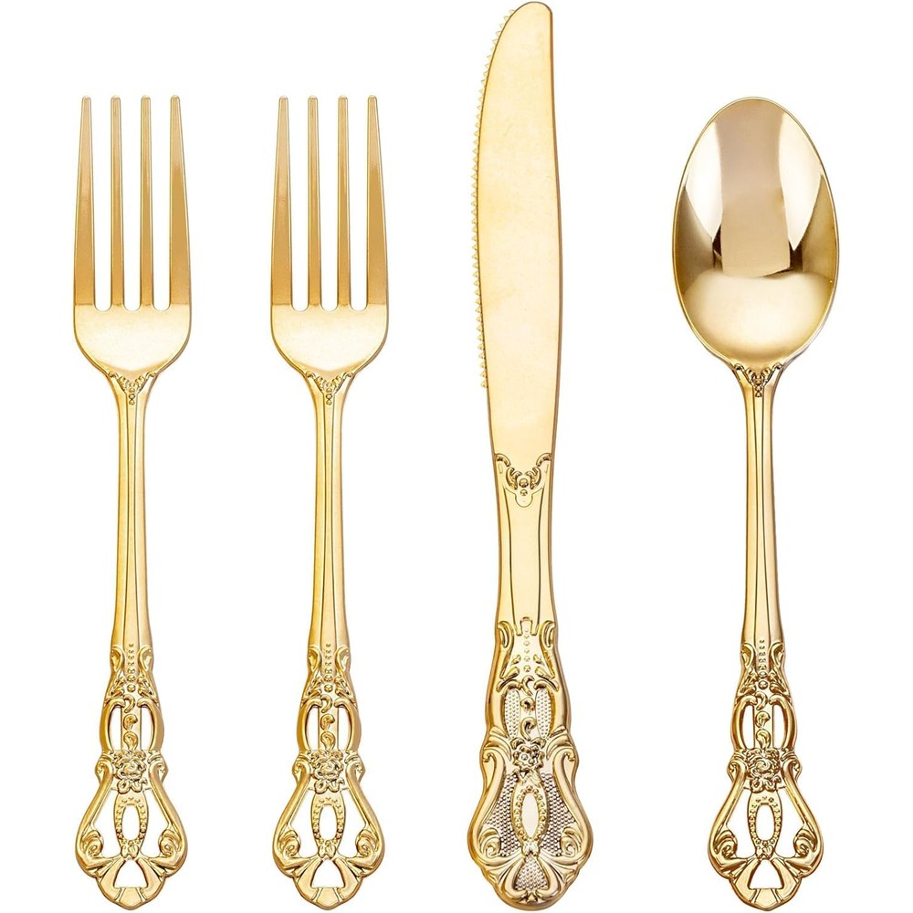 Snplowum Joyido gold plastic silverware set front view of elegant disposable cutlery for weddings.