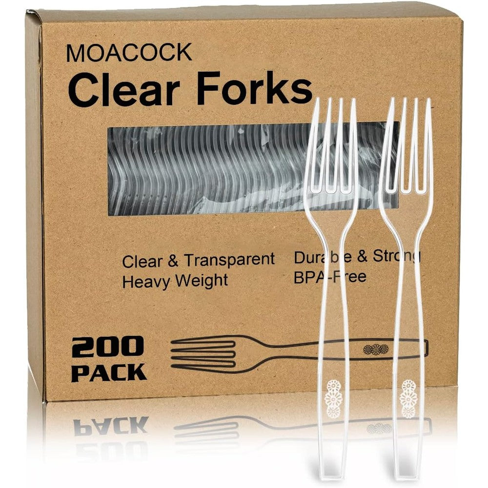 MOACOCK 200 Count Clear Disposable Plastic Forks front view premium catering supplies