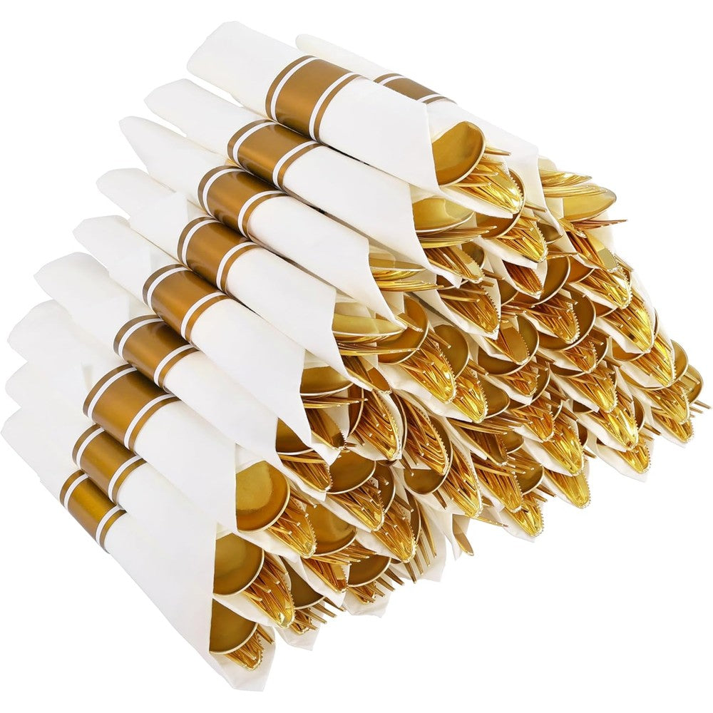 Joyido pre rolled gold plastic silverware set front view on dinner table