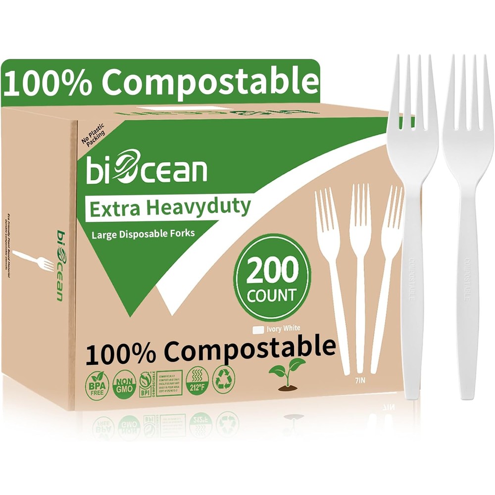 Biocean Extra Heavyduty Compostable Forks 200 Count box front view eco-friendly cutlery
