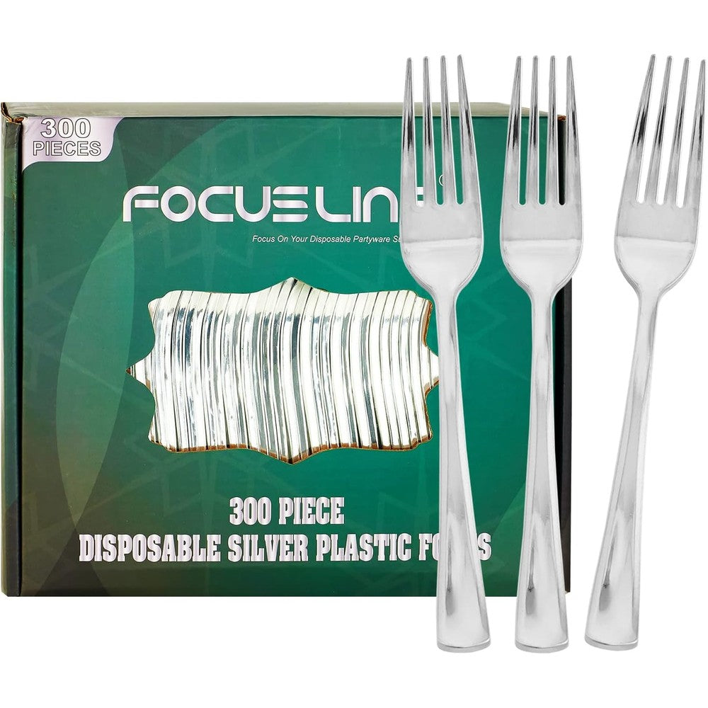FOCUSLINE 300 Pack Disposable Silver Plastic Forks front view premium catering cutlery.