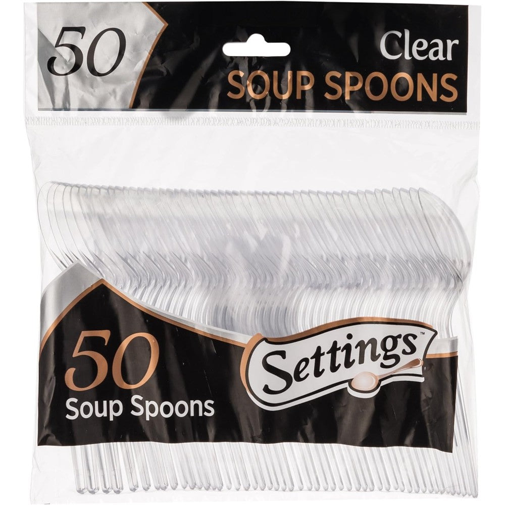 Settings plastic clear soup spoons 50 count pack front view