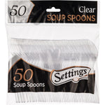 Settings plastic clear soup spoons 50 count pack front view