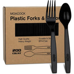 Moacock 200 count black plastic silverware set front view for party supplies.